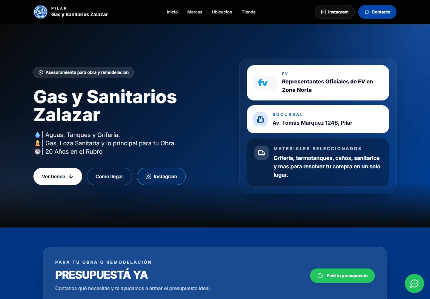 Captura real del sitio web de Sanitarios Zalazar